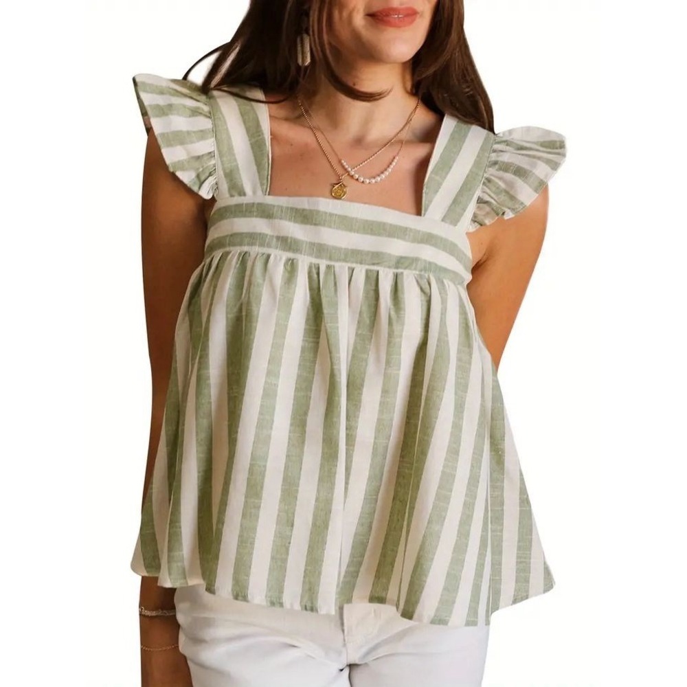 Green White Striped Ruffle Sleeve Cotton Peplum Top L Cottagecore Feminine Boho